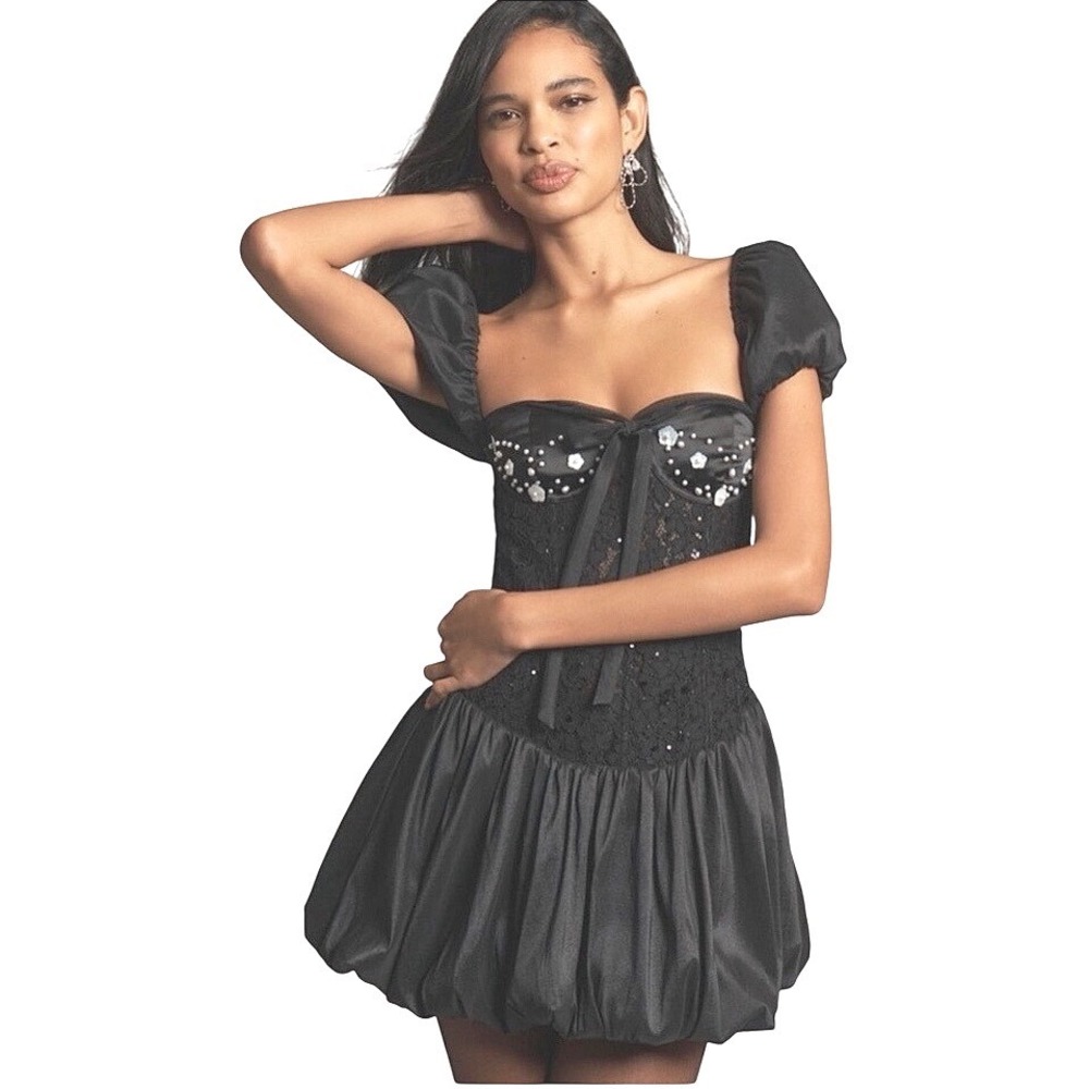 Anthropologie x For Love‎ & Lemons Bubble-Hem Lace Corset Mini Dress Black M